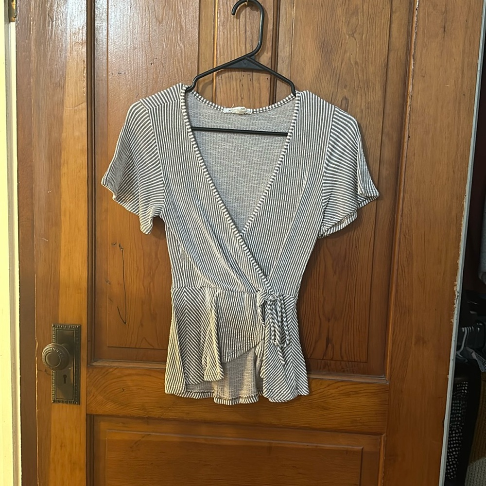 Beige and white white striped kimono wap style blouse